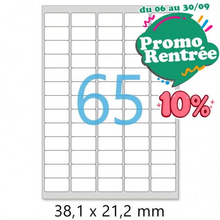 Planches A4 de 65 étiquettes autocollantes MINI format 38,1 x 21,2 mm